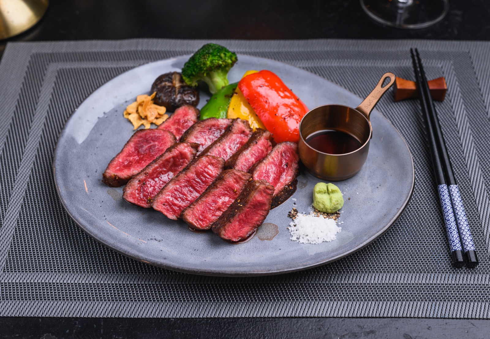 Chuck Eye Steak: sliced A4 Kagoshima Wagyu with grilled vegetables at Benny’s Phuket